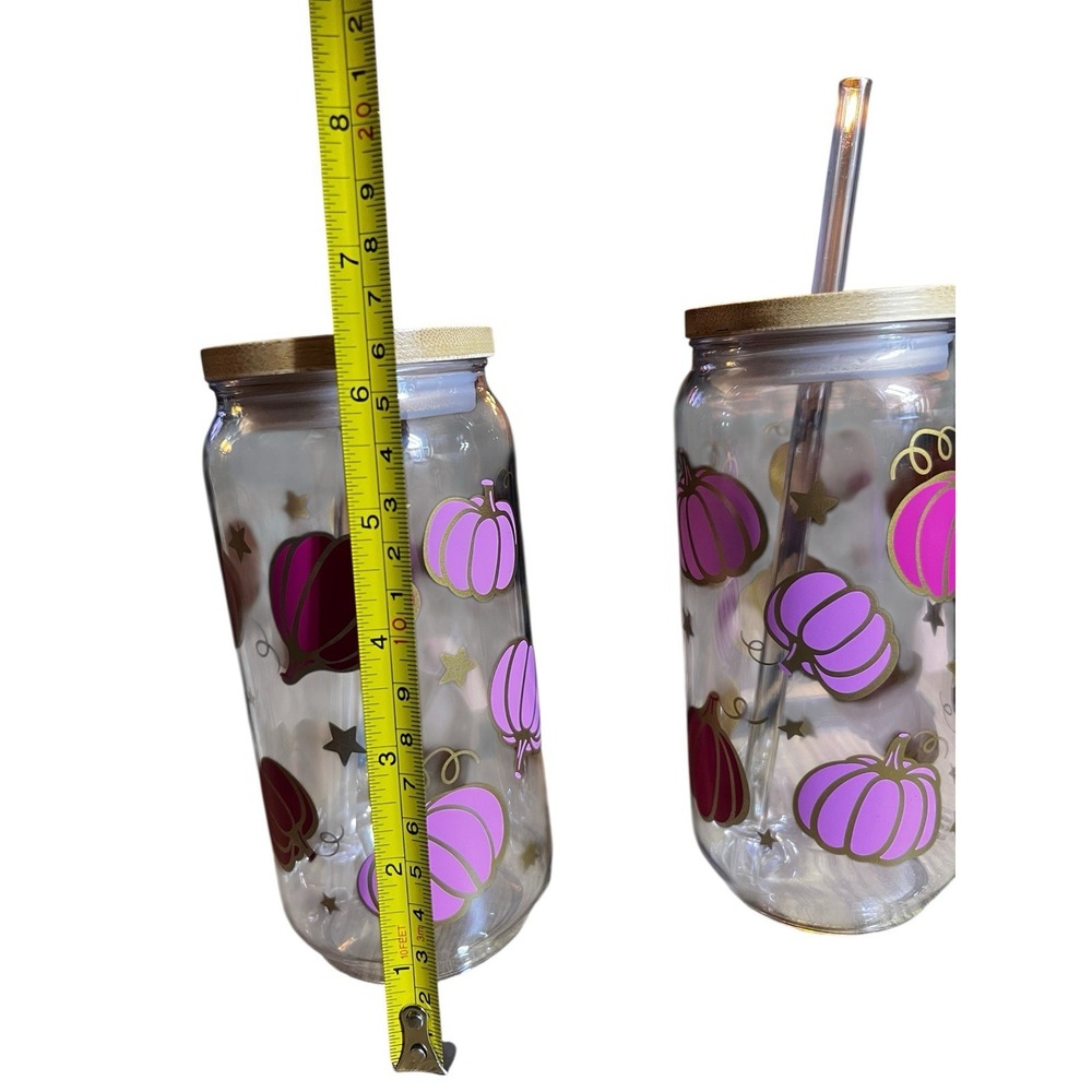 Pink Pumpkin Glass‎ Can Tumbler Set w/ Lid & Straw – 16oz Fall Halloween Cups - Picture 6 of 7